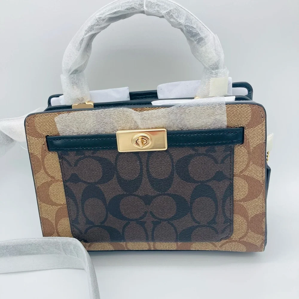 NWT COACH MINI LANE TOP HANDLE IN BLOCKED SIGNATURE CANVAS CROSSBODY BAG